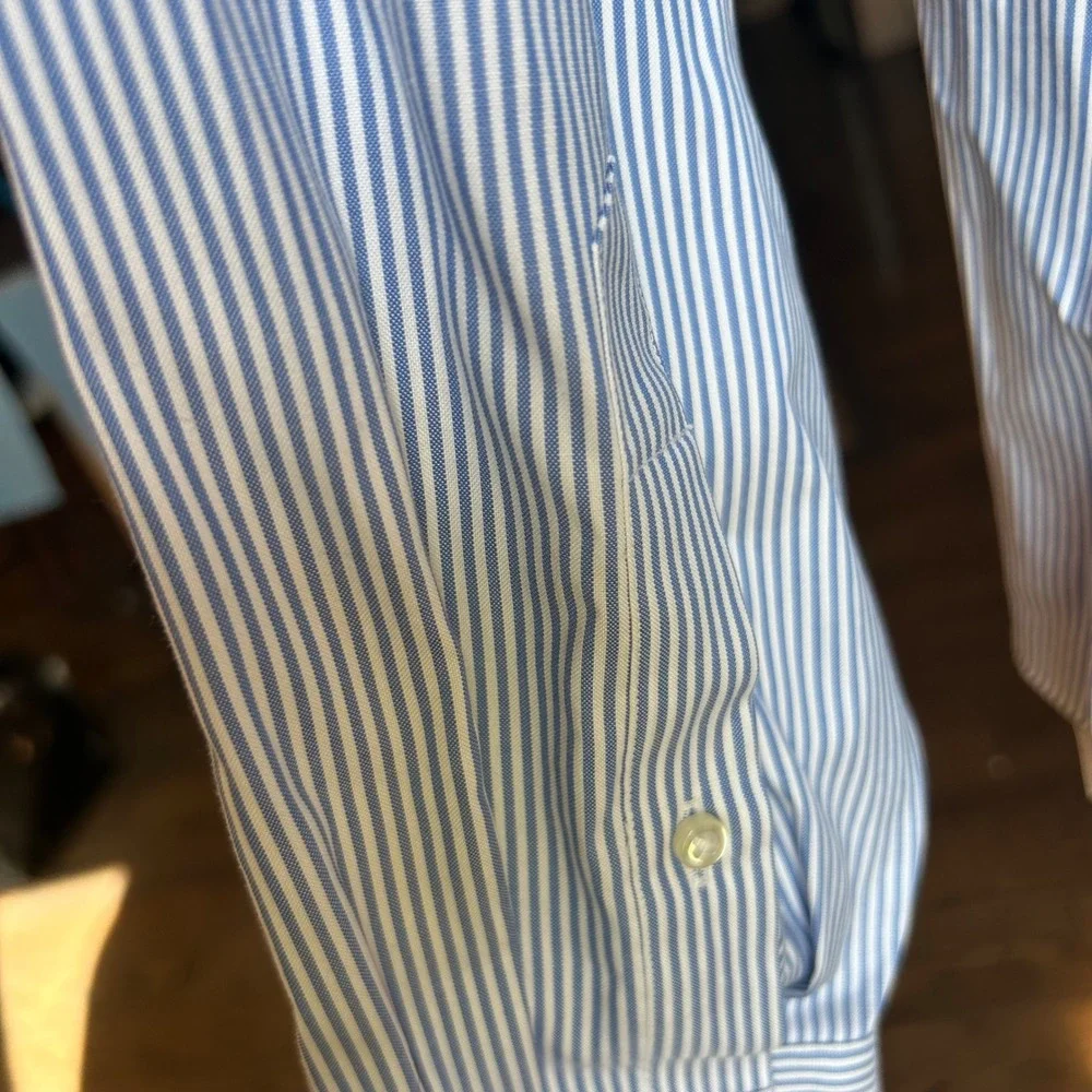 Lands' End Button Down Shirt Men XL Blue White Striped No Iron Pinpoint Oxford